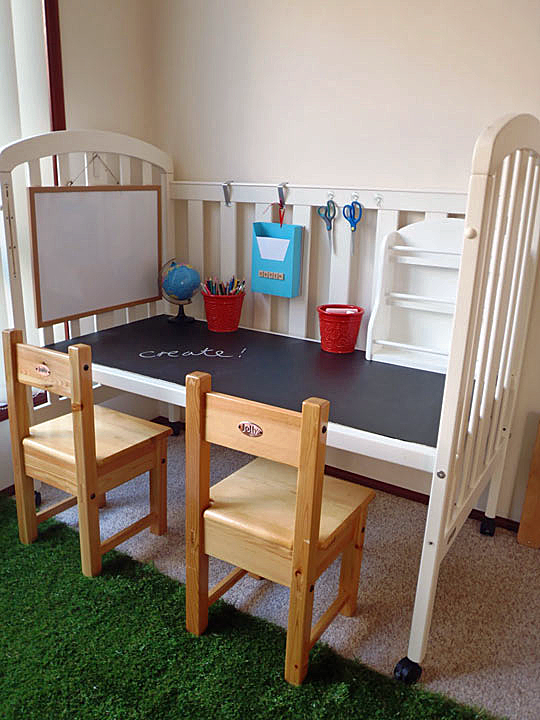 Upcycle an old crib into a child's work station {organized CHAOS online]