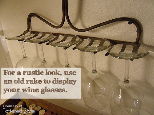 TIP OF THE DAY: Use an old rake to display wine glasses | organizedCHAOSonline