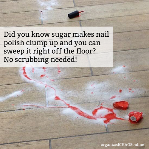 Sugar on Spilled Nail Polish for Easy Removal | TIP OF THE DAY on organizedCHAOSonline